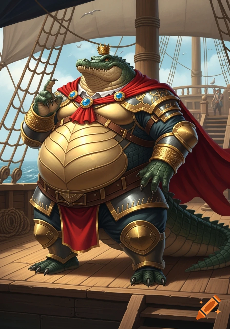An obese anthropomorphic crocodile king in golden armor, a red cape, and a tiny crown stands on a pirate ship deck.