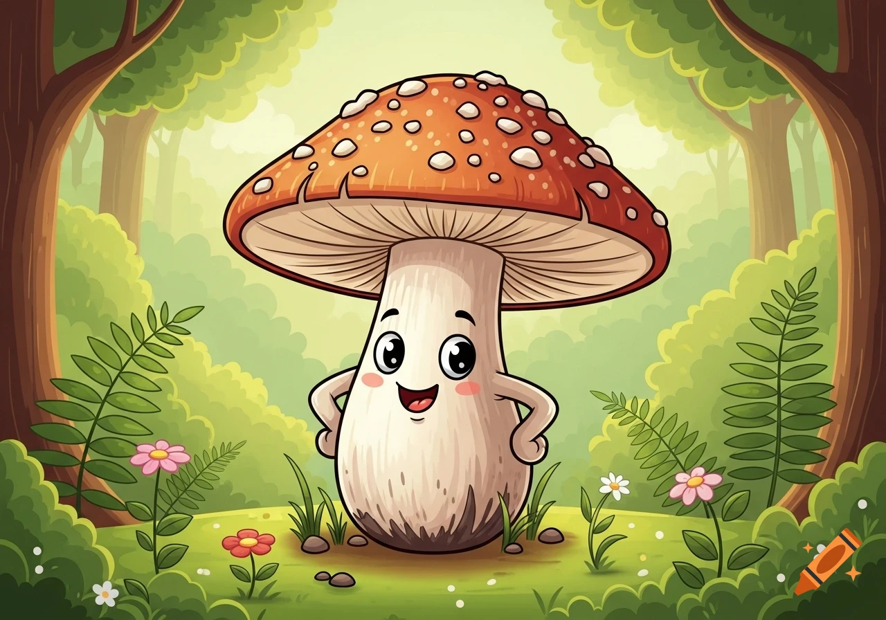 A cartoon mushroom with a smiling face and arms akimbo stands in a lush green forest with flowers.