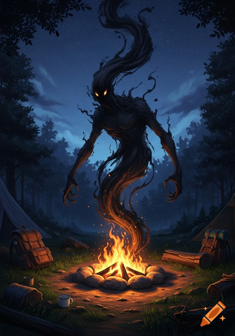A dark, shadowy monster with glowing orange eyes emerges from a bright campfire in a nighttime forest scene, with camping tents and gear visible.