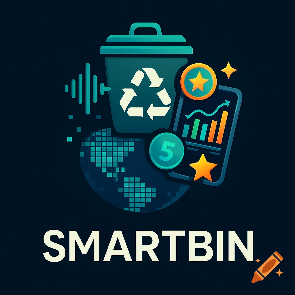 A stylized logo for SMARTBIN, featuring a teal trash can with a recycle symbol, a digital globe, a smartphone displaying a bar chart, and stars, all on a dark background.