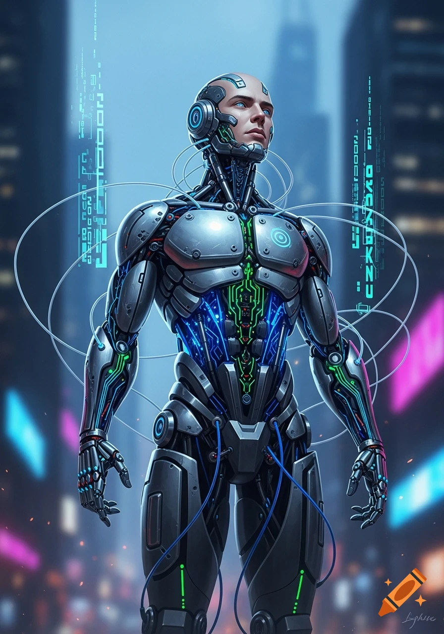 A detailed male cyborg with glowing internal circuits stands in a futuristic city, digital art style.