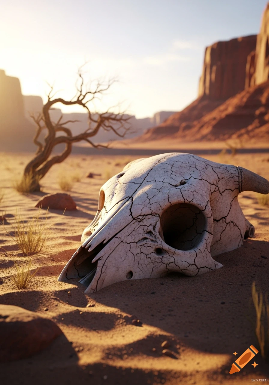 A cracked animal skull rests in a sunny desert landscape with a gnarled tree and distant canyons, photorealistic.