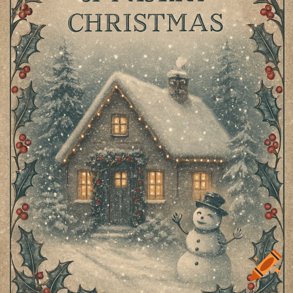 Vintage illustration of a snowy cabin with Christmas lights, surrounded by fir trees and a smiling snowman, all framed by a holly border.
