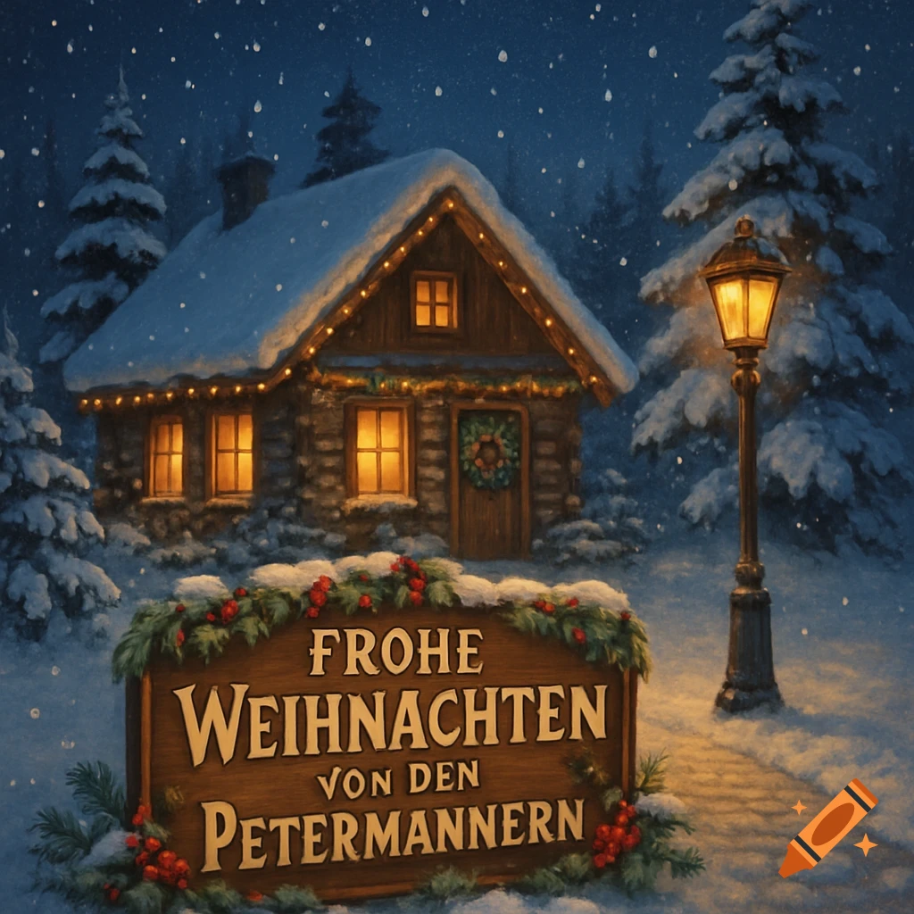 A cozy snow-covered cabin with warm lights, a glowing lamp post, and a sign reading 'Frohe Weihnachten von den Petermännern' in a winter wonderland.