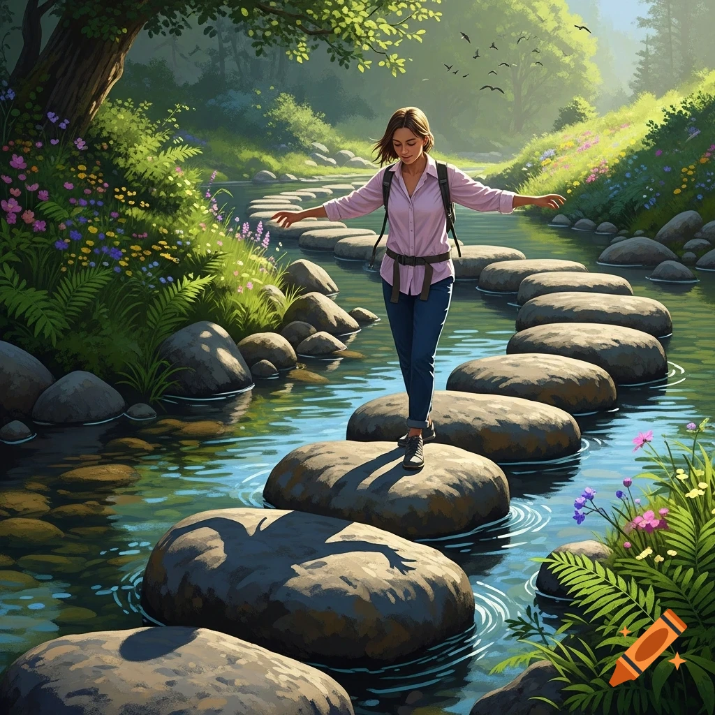 A woman carefully steps across a stream on stepping stones in a vibrant, lush forest with wildflowers, depicted in a digital painting style.