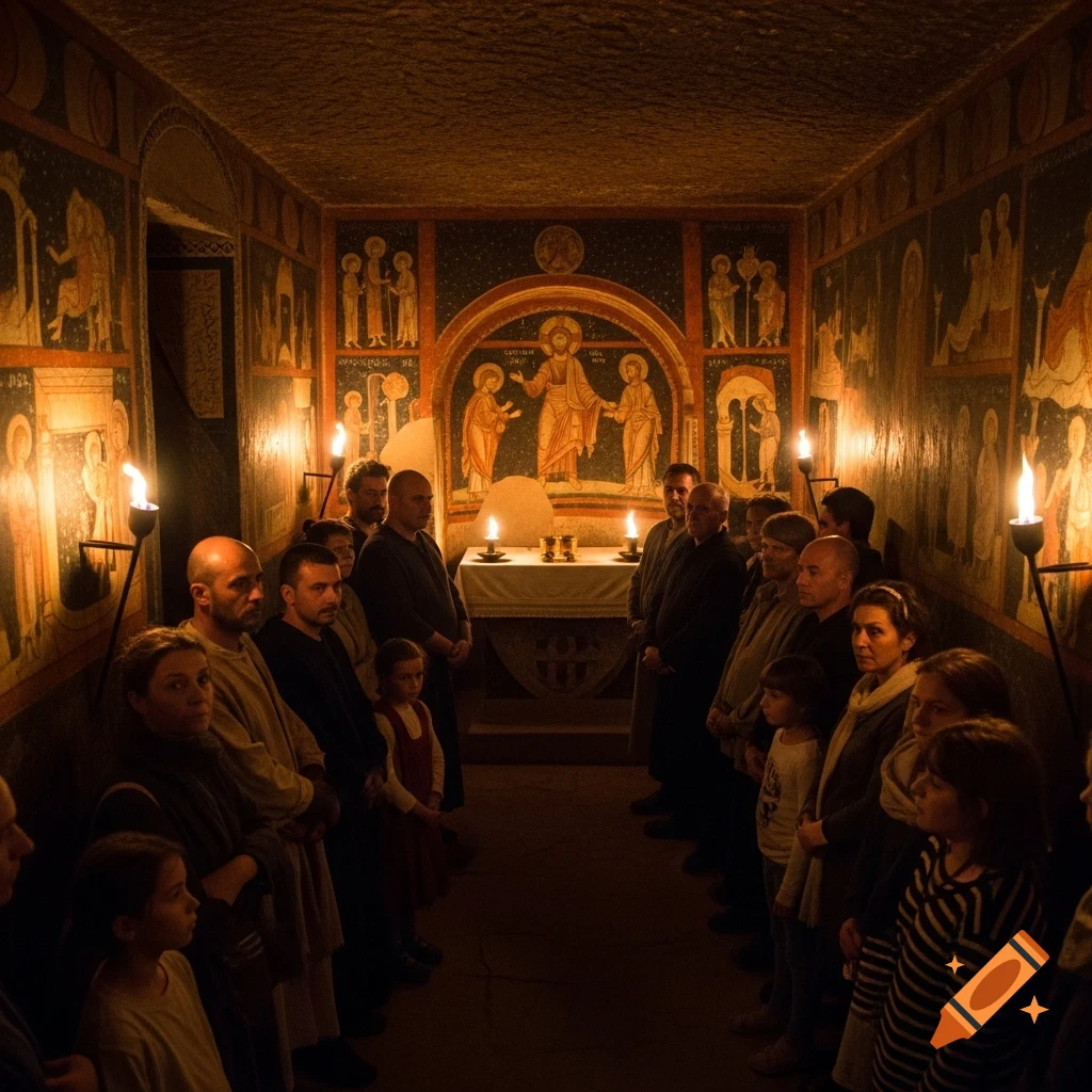 A group of people, including adults and children, gathered in a dimly lit underground church with ancient wall frescoes, illuminated by oil lamps and torches.