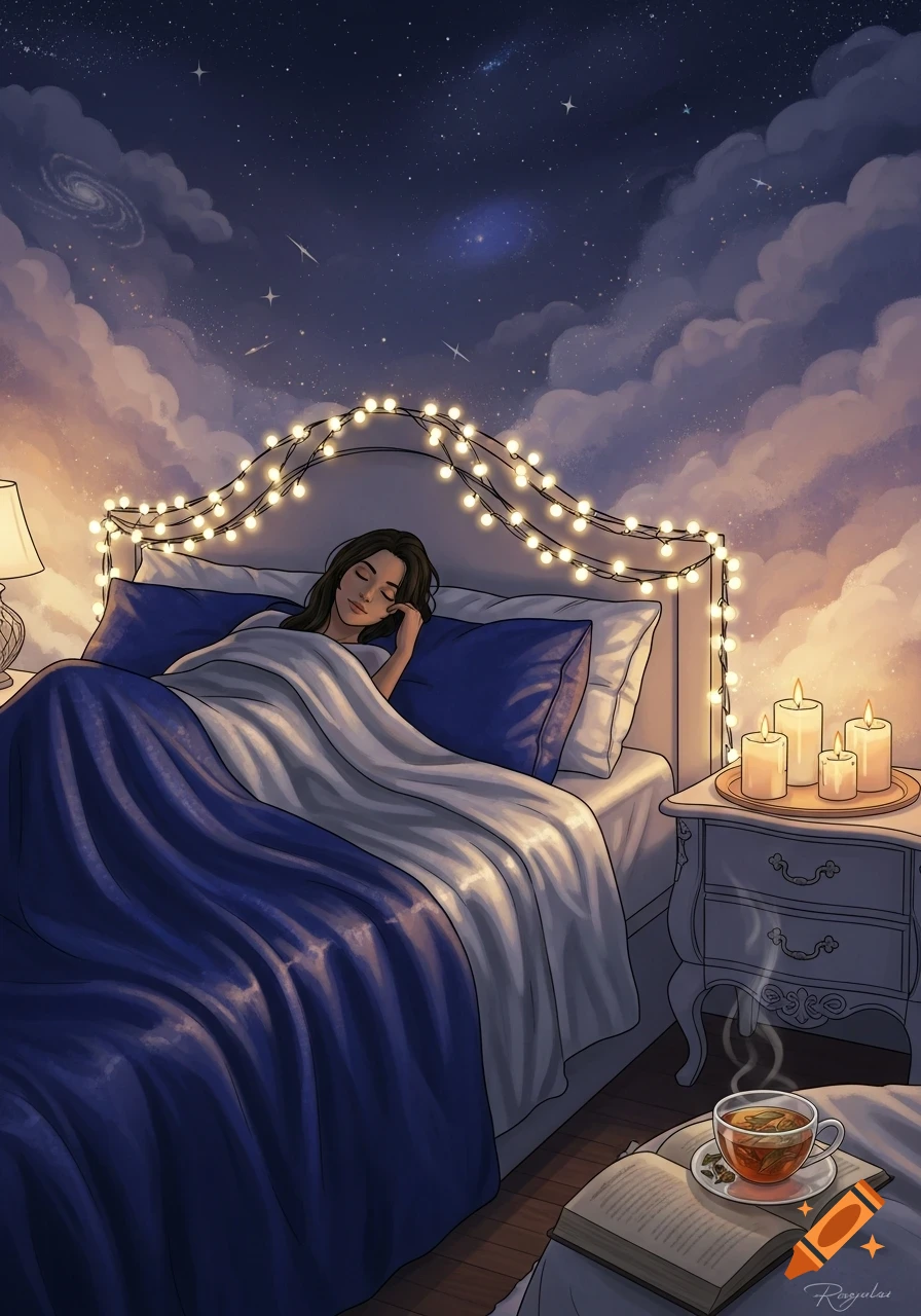 Illustrated woman sleeping peacefully in a bed adorned with string lights, under a dreamy night sky with clouds, next to candles and a book.