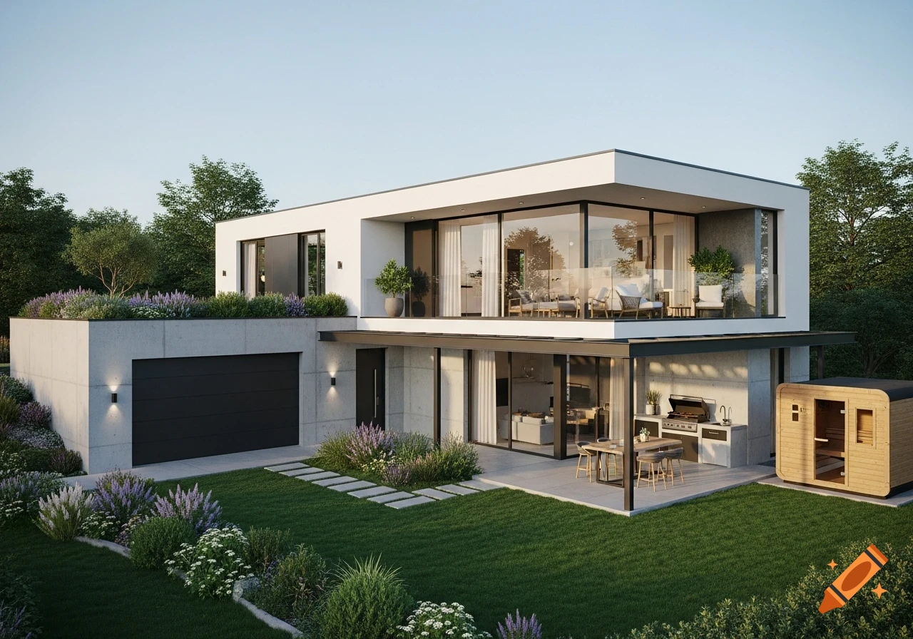 Photorealistic rendering of a modern two-story luxury villa with a landscaped garden, outdoor kitchen, and sauna.