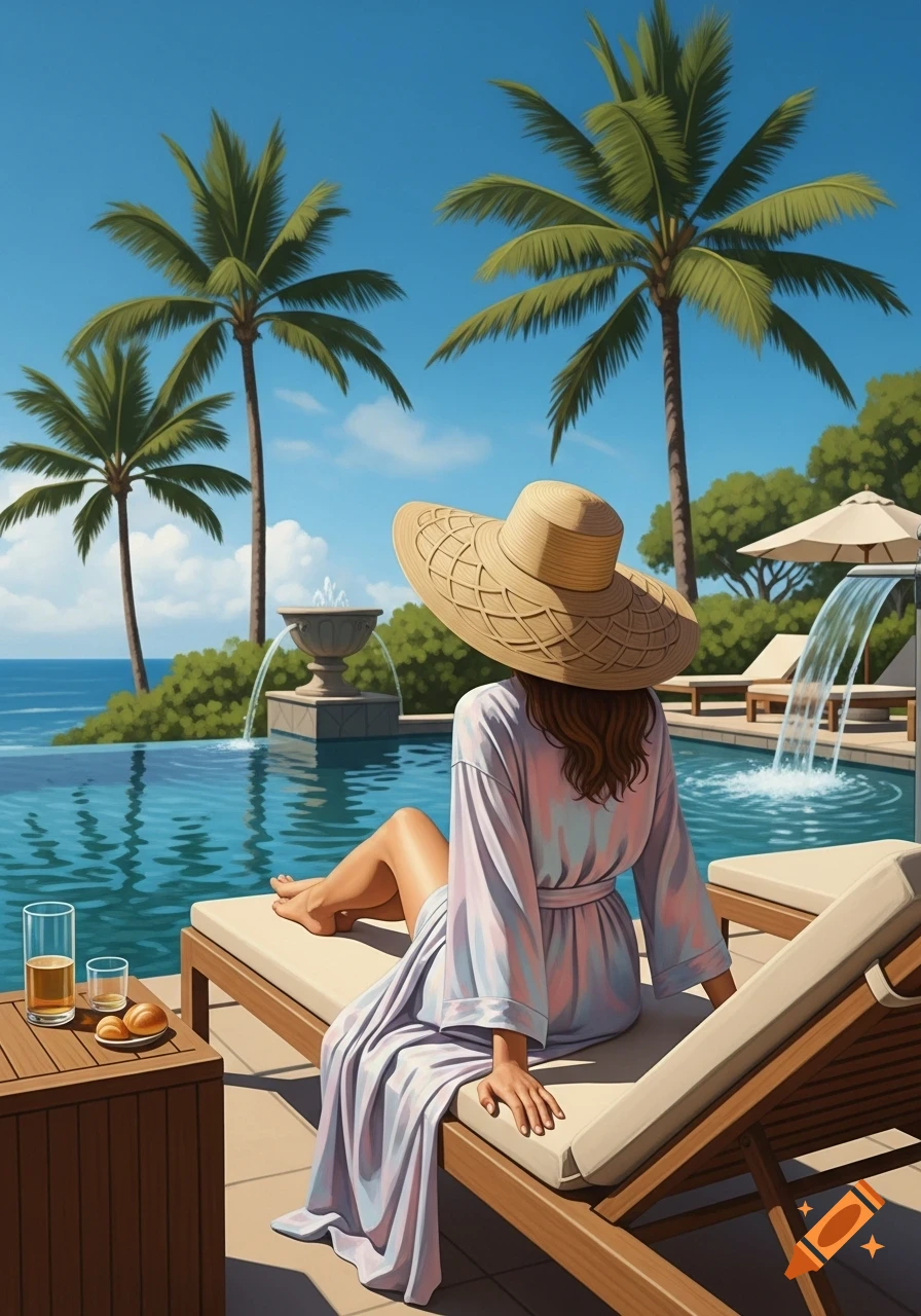 Illustrated woman in a wide-brimmed hat and robe relaxing on a poolside lounge chair overlooking the ocean with palm trees.