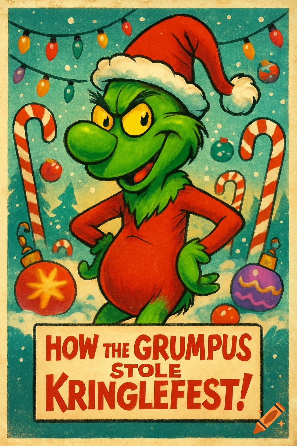 A vintage-style Christmas movie poster with a green, Grinch-like character, candy canes, and ornaments. Text reads 'HOW THE GRUMPUS STOLE KRINGLEFEST!'