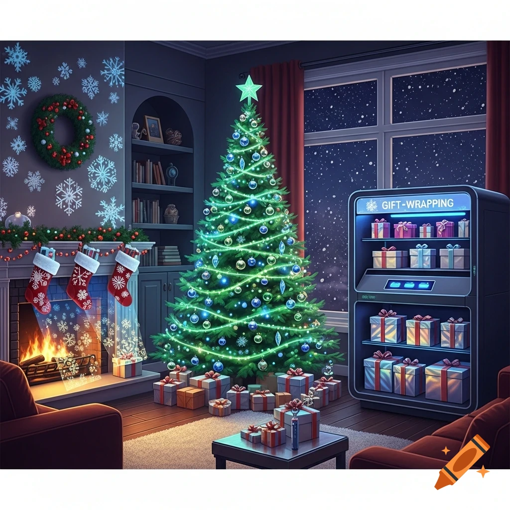 A cozy Christmas living room illustration with a glowing tree, fireplace, gifts, and a futuristic gift-wrapping machine.