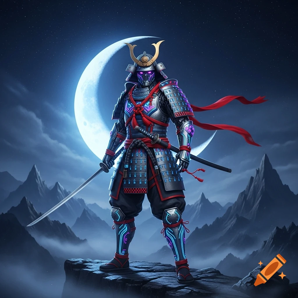 A futuristic samurai in glowing armor stands on a cliff with swords, backed by a large crescent moon and mountains at night.