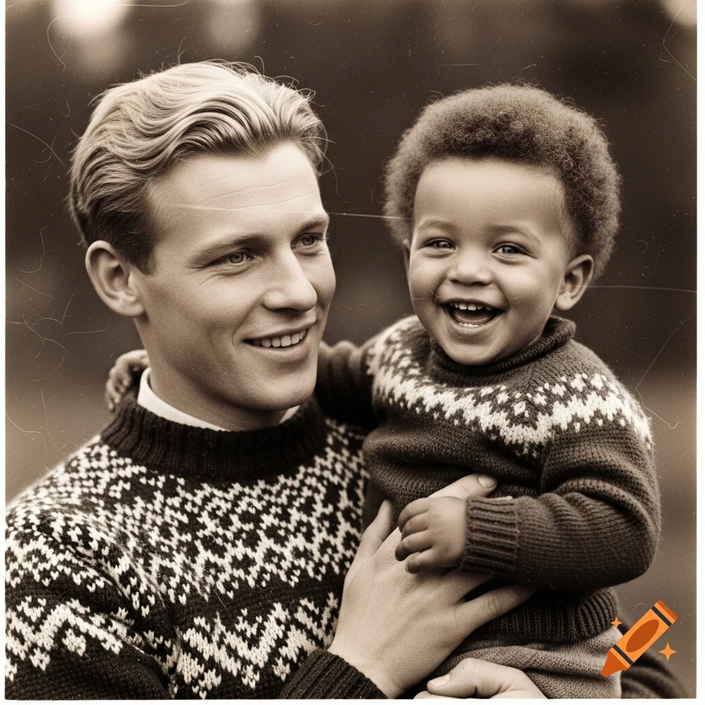 A smiling blonde man in a patterned sweater holds a laughing toddler with Afro hair, in a sepia-toned vintage portrait.