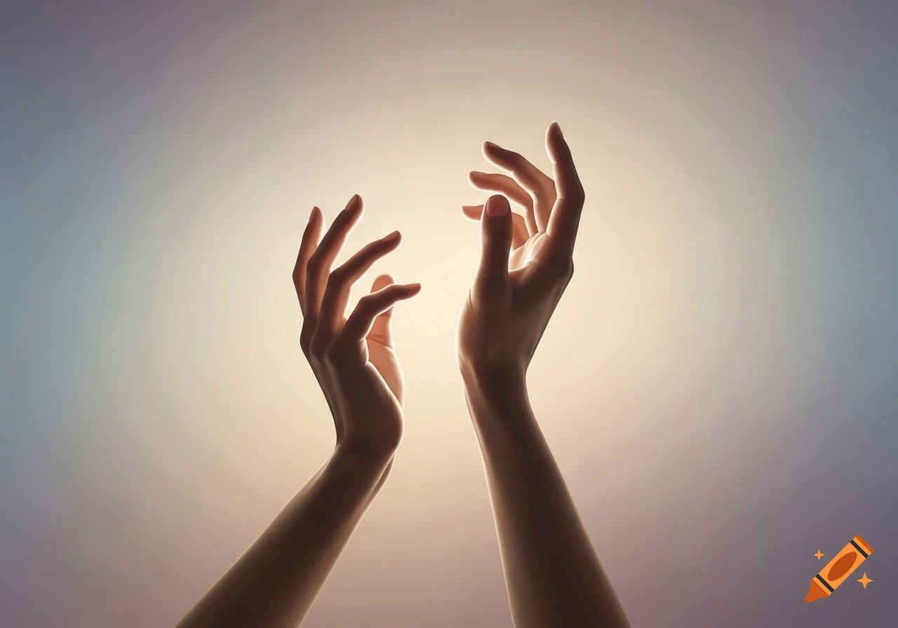 Two hands reaching upwards towards a bright, ethereal light against a softly gradient background in a minimalist style.