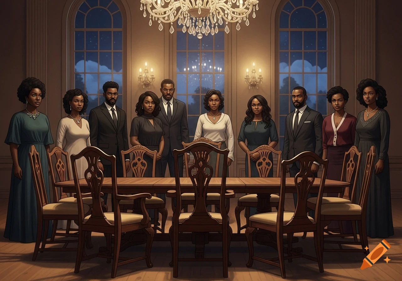 A group of well-dressed Black men and women stand around a dining table with empty chairs in a formal room at night.
