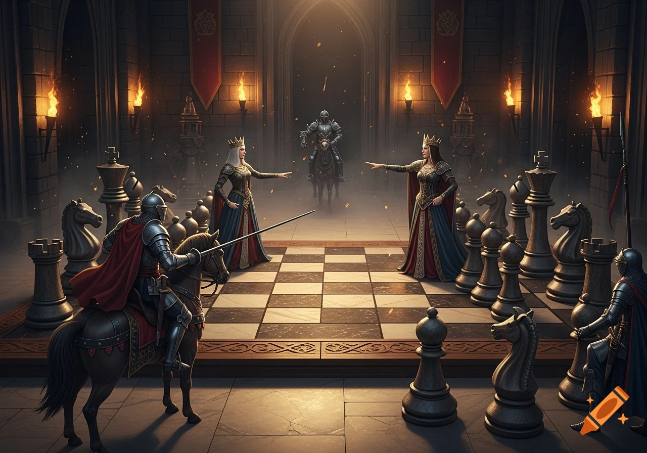 Fantasy battle on a giant chessboard in a torchlit castle hall, with two queens, armored knights, and large chess pieces.