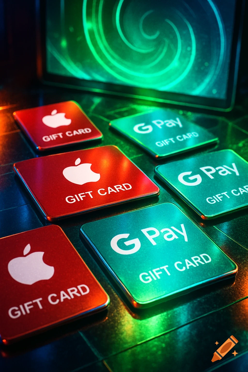 Close-up of several red Apple Gift Cards and green G Pay Gift Cards arranged on a dark, reflective surface with a glowing green swirl in the background.