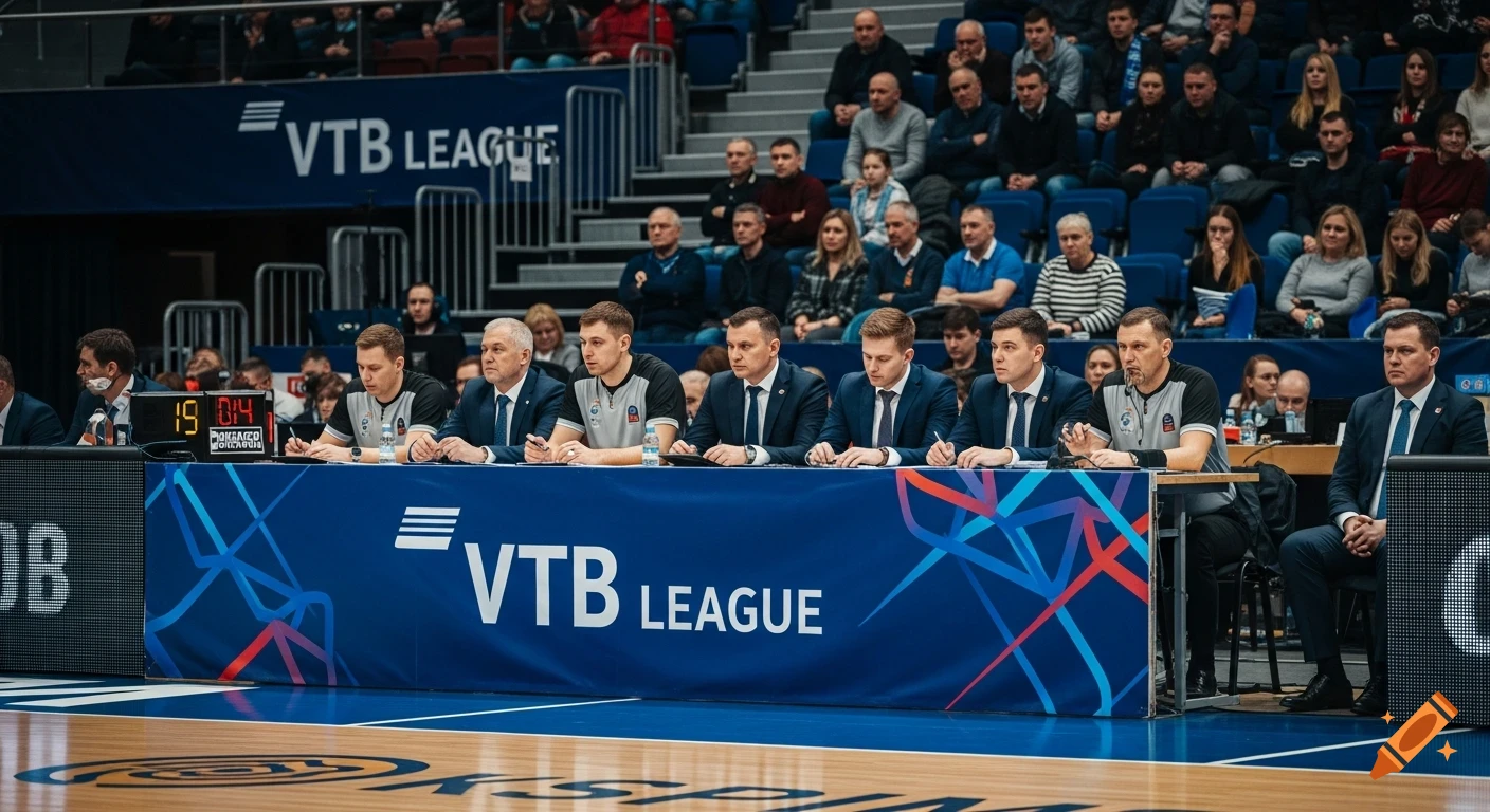 Ultra-realistic photo of a VTB League basketball court with officials at the scorer's table and spectators in the background.