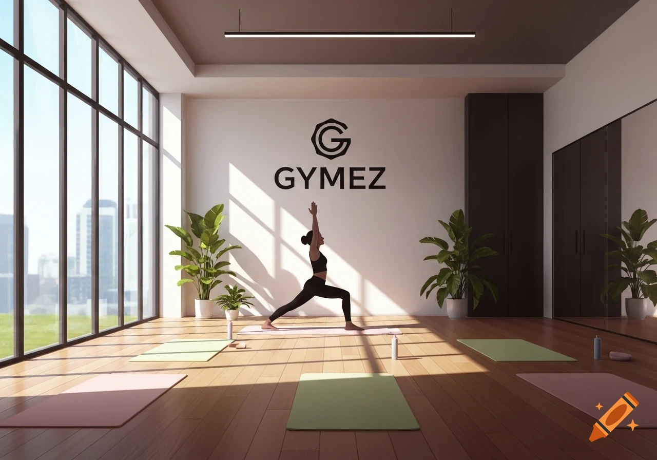 A woman in warrior pose practices yoga in a modern studio with large windows overlooking a city, with GYMEZ logo on the wall.