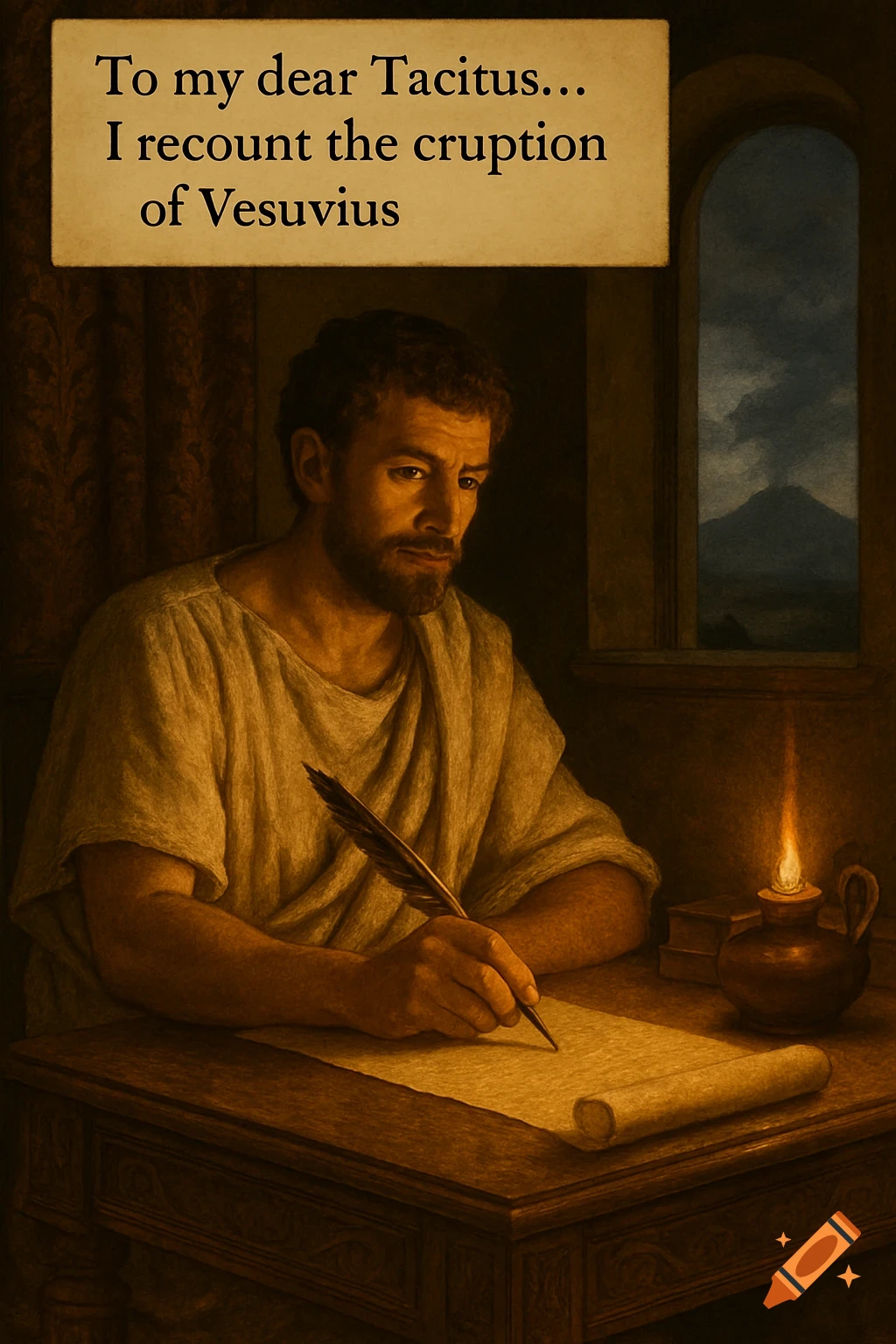 A man in classical robes writes by lamplight. Outside a window, a volcano erupts. Text above reads: 'To my dear Tacitus... I recount the eruption of Vesuvius.'