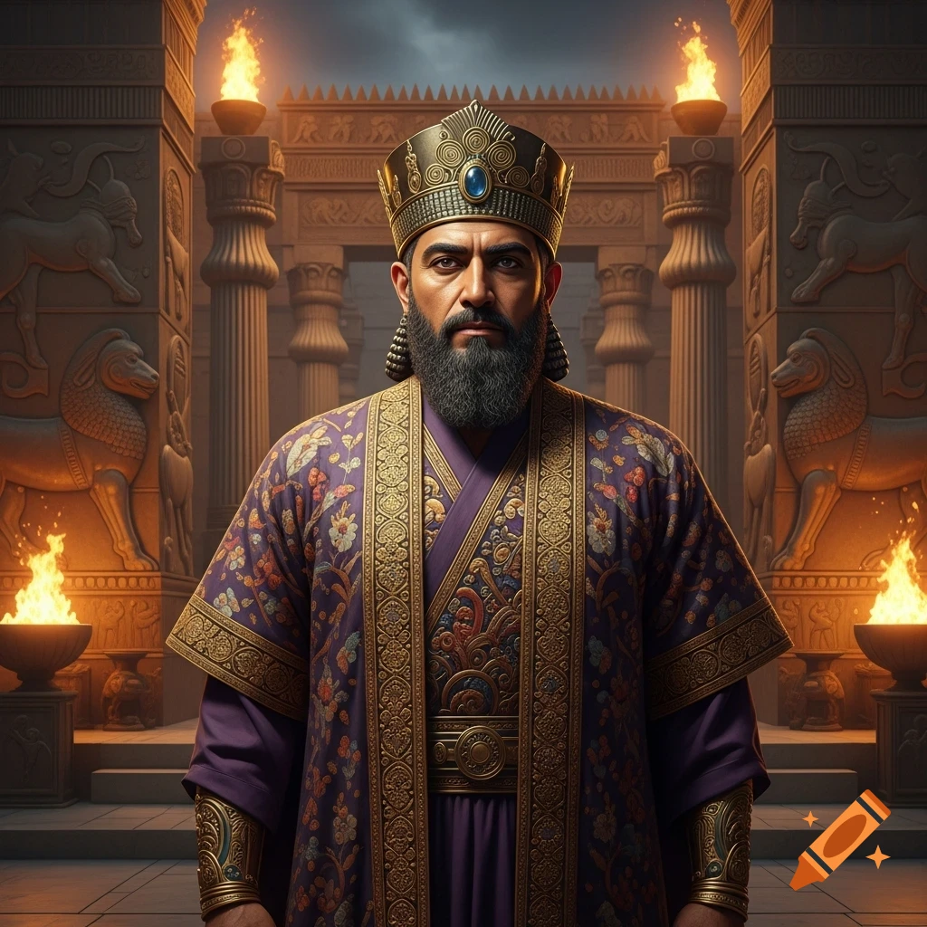 Photorealistic portrait of a bearded man in a golden crown and elaborate purple robes, standing in an ancient palace with flaming torches.