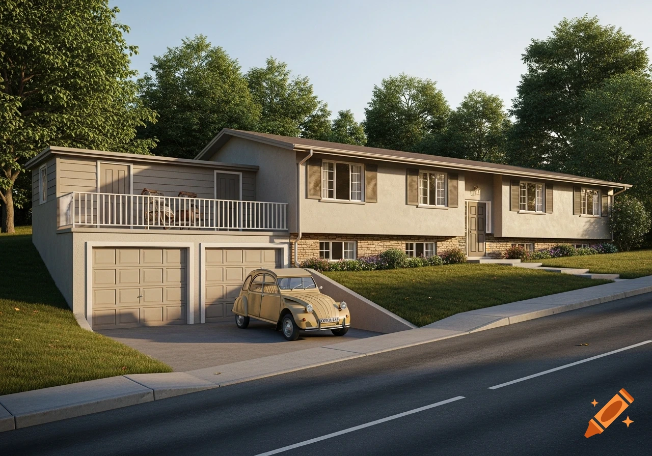 A beige split-level suburban house with a two-car garage and a vintage yellow 2CV car parked on a sloping driveway.