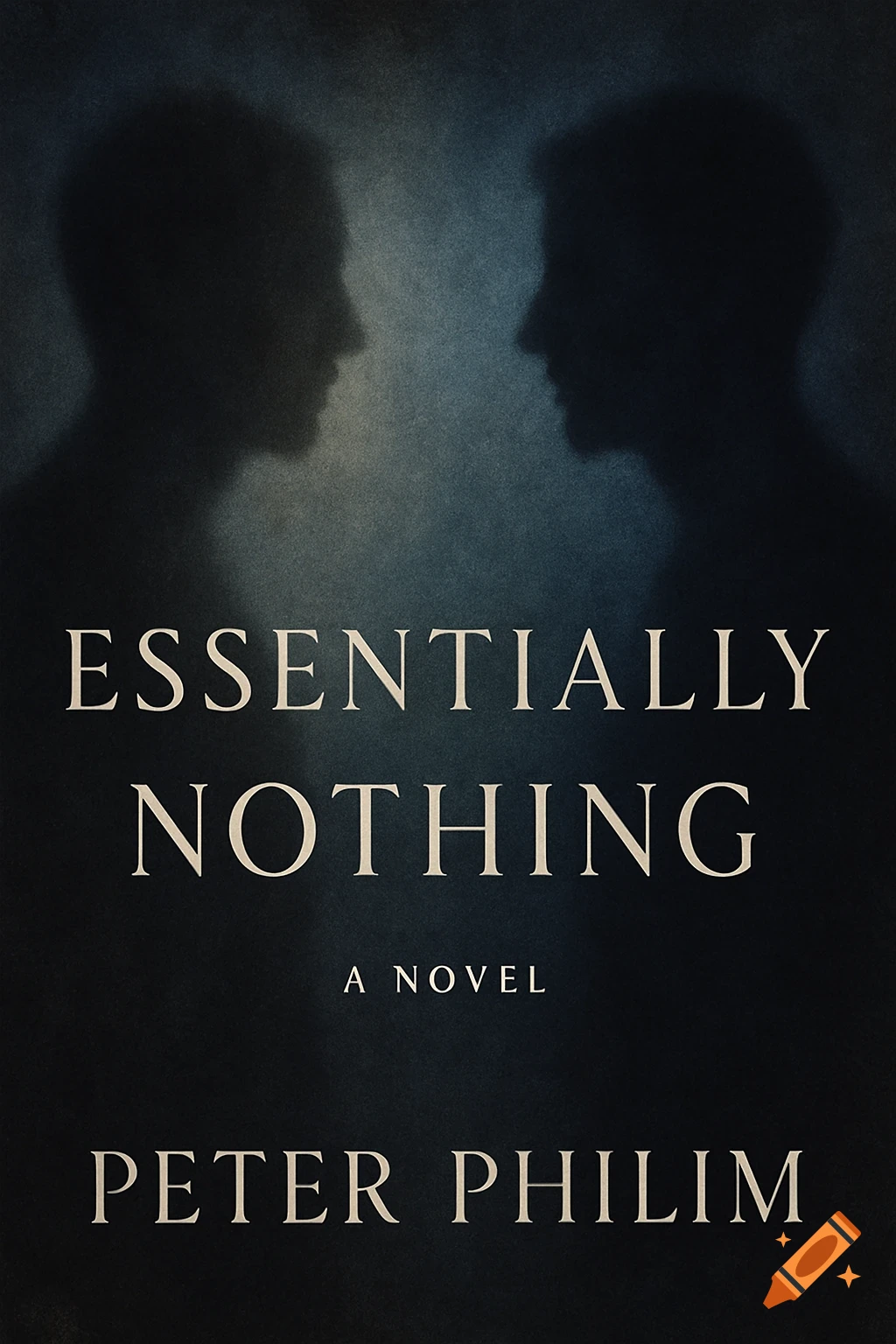 Book cover with two dark, blurred silhouettes facing each other on a textured blue-black background, titled 'ESSENTIALLY NOTHING'.