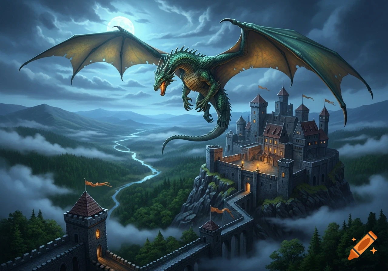 A green dragon flies over a stone castle on a misty mountain, with a winding river below and a full moon in the dark sky.