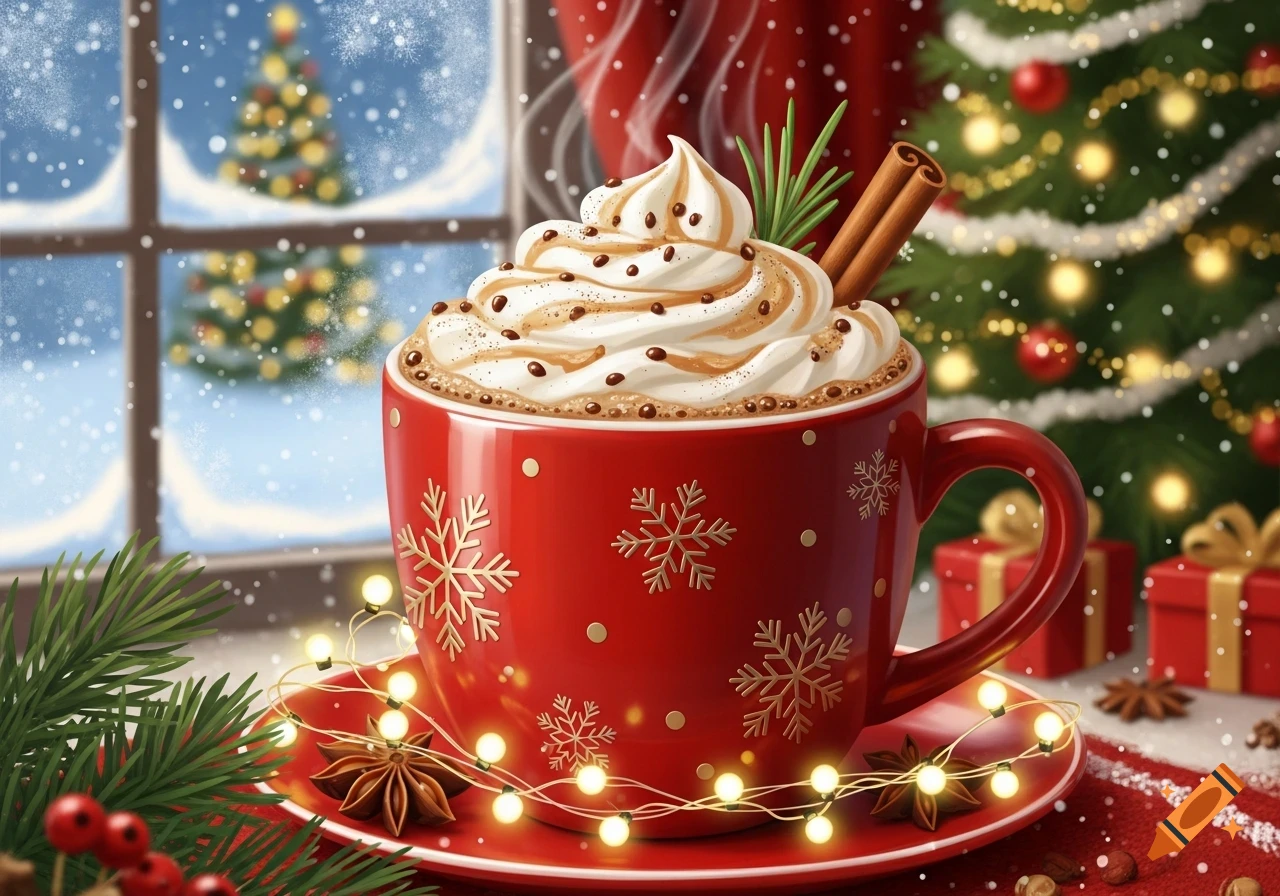 A red Christmas mug filled with frothy hot chocolate, topped with whipped cream and cinnamon sticks, surrounded by string lights and star anise, with a snowy window and decorated Christmas tree in the background.