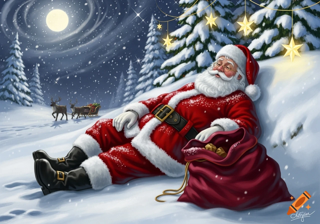 Exhausted Santa Claus lies in the snow beside his empty red gift sack, under a full moon in a snowy forest with reindeer and sleigh in the background.