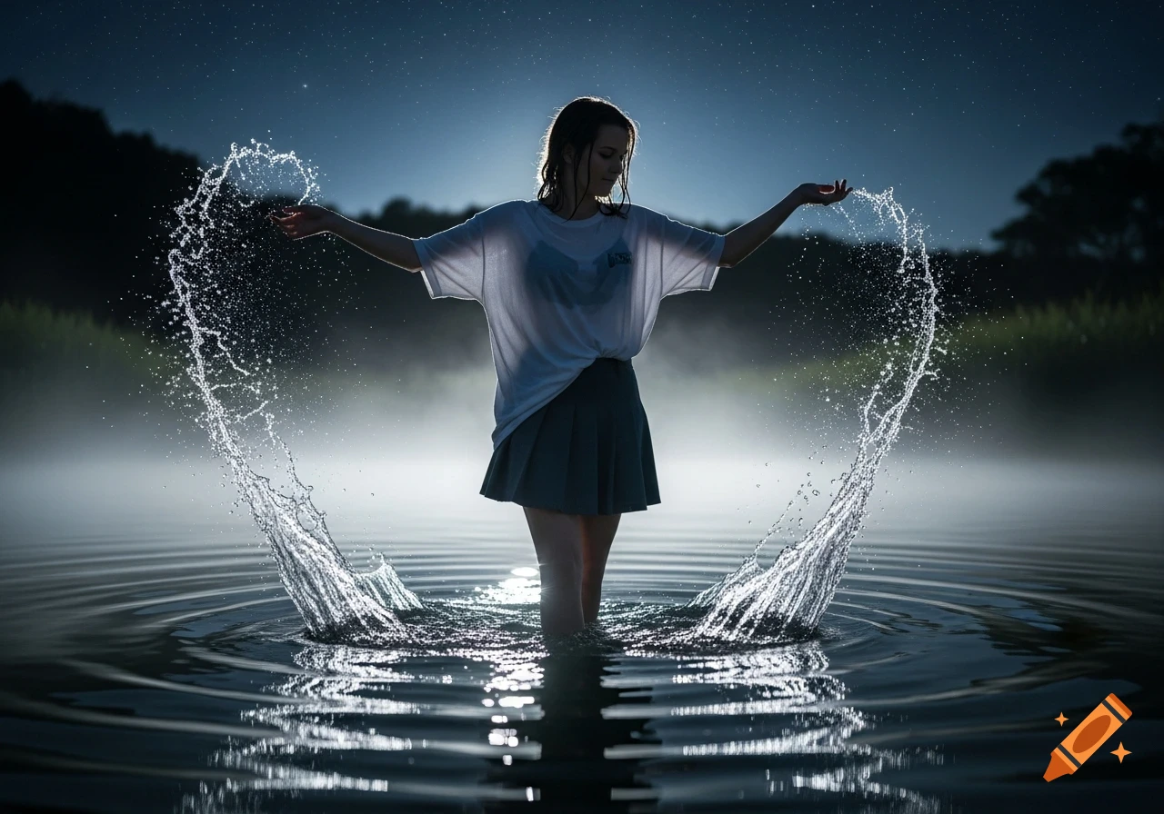 A woman stands in water at night, backlit, creating heart-shaped water splashes around her.