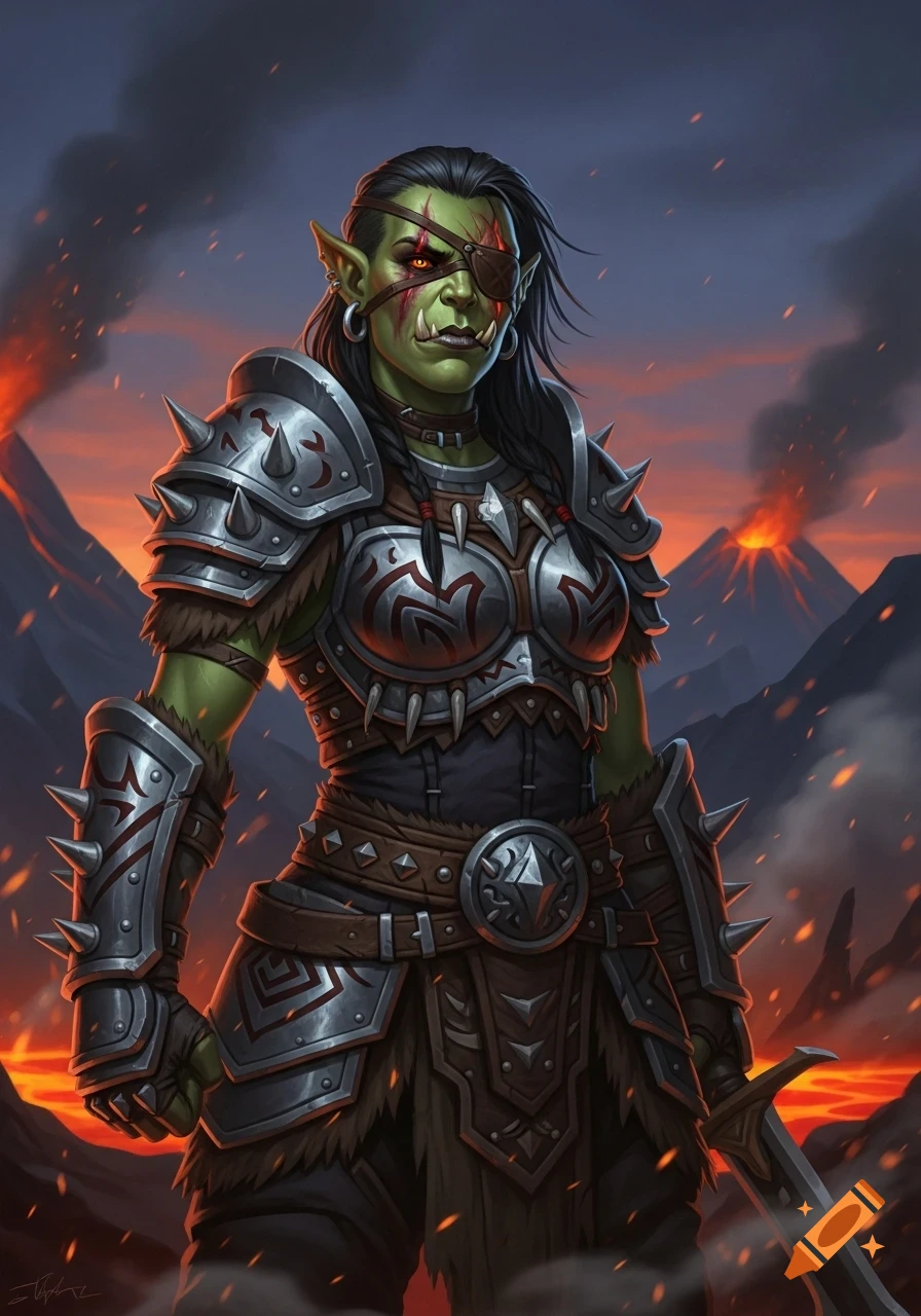 A fierce green-skinned female orc in silver armor, with an eyepatch and scars, stands before erupting volcanoes.