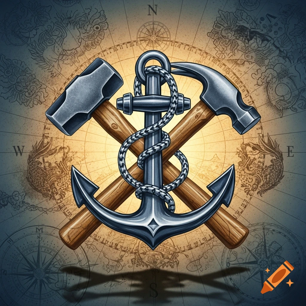 A stylized illustration of a grey anchor with a rope, crossed by a sledgehammer and a claw hammer, against a vintage map background.