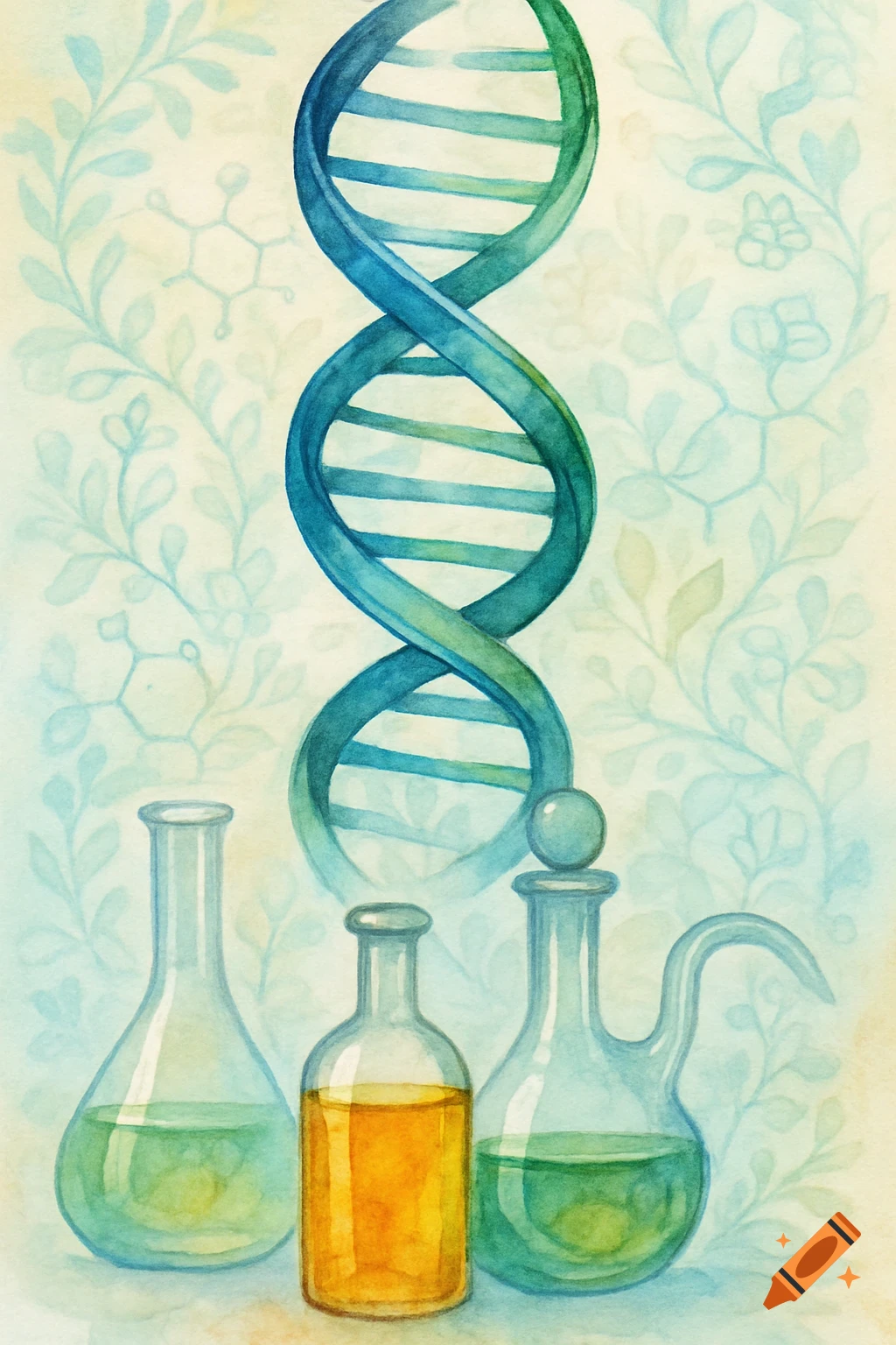 Watercolor illustration of a blue-green DNA double helix above three clear beakers with green and yellow liquids.