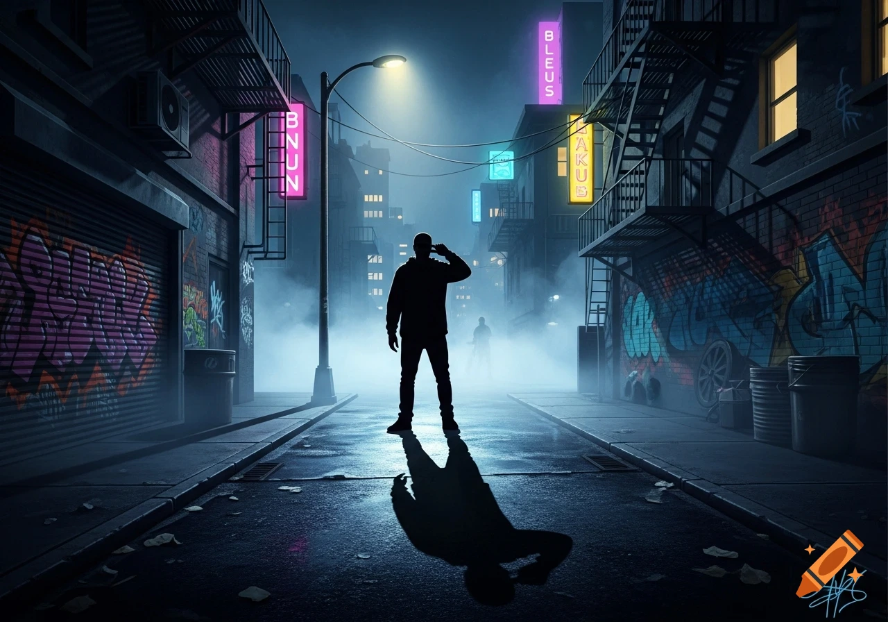 Silhouette of a man in a foggy, neon-lit urban alley with graffiti at night, looking atmospheric.