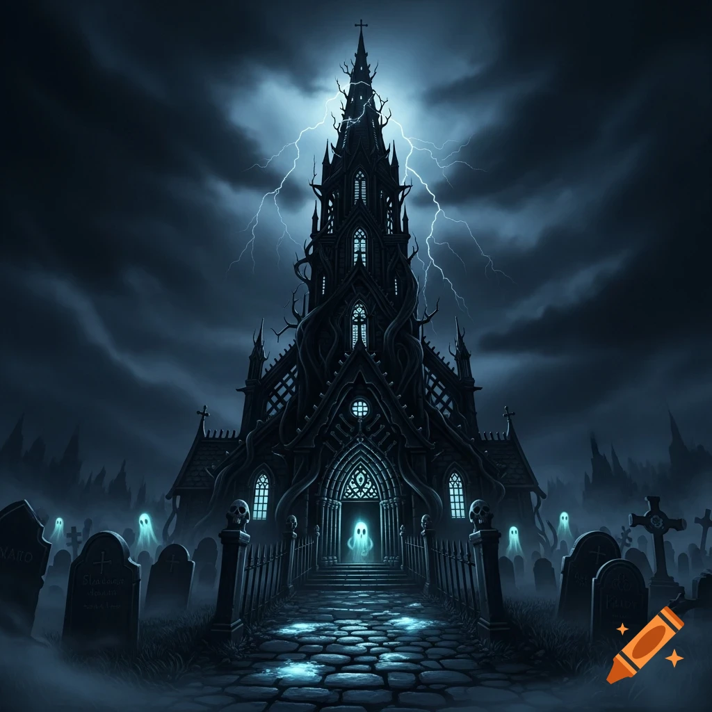 A dark gothic church with twisted branches, illuminated by lightning, stands in a misty graveyard with glowing ghosts under a stormy sky.