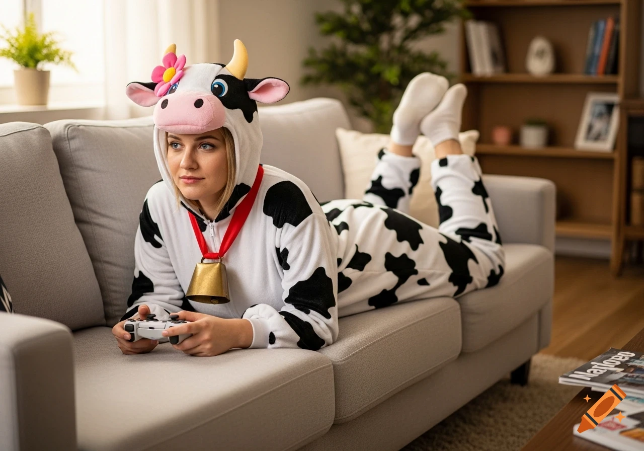 A woman in a cow costume with a bell and pink flower on her head lies on a grey couch, playing a video game with a controller.