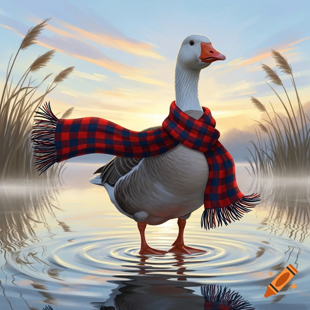 A goose wearing a red and blue plaid scarf stands in a pond with reeds at sunrise, creating ripples in the water.