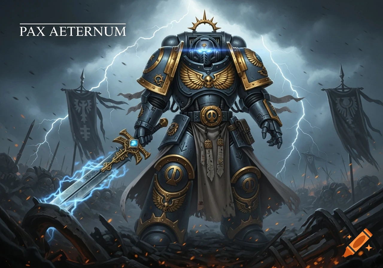 A Warhammer 40k Space Marine in ornate power armor holds a glowing sword on a stormy battlefield. 'PAX AETERNUM' text is in the corner.