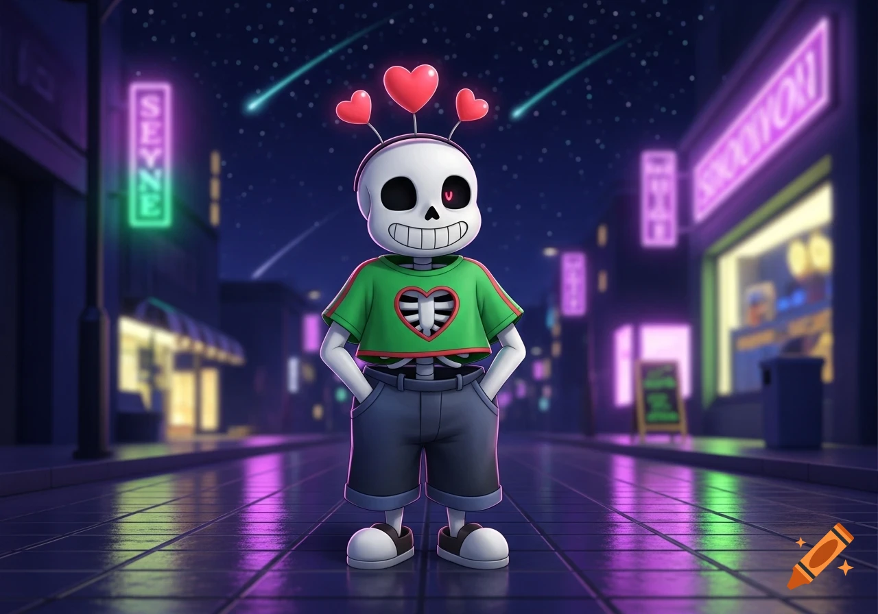 Cartoon skeleton character Sans, wearing a green crop top with a heart cutout and heart boppers, stands on a neon-lit city street at night.