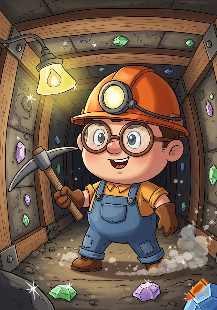 A happy cartoon miner holding a pickaxe in a gem-filled mine tunnel, illuminated by a lamp.