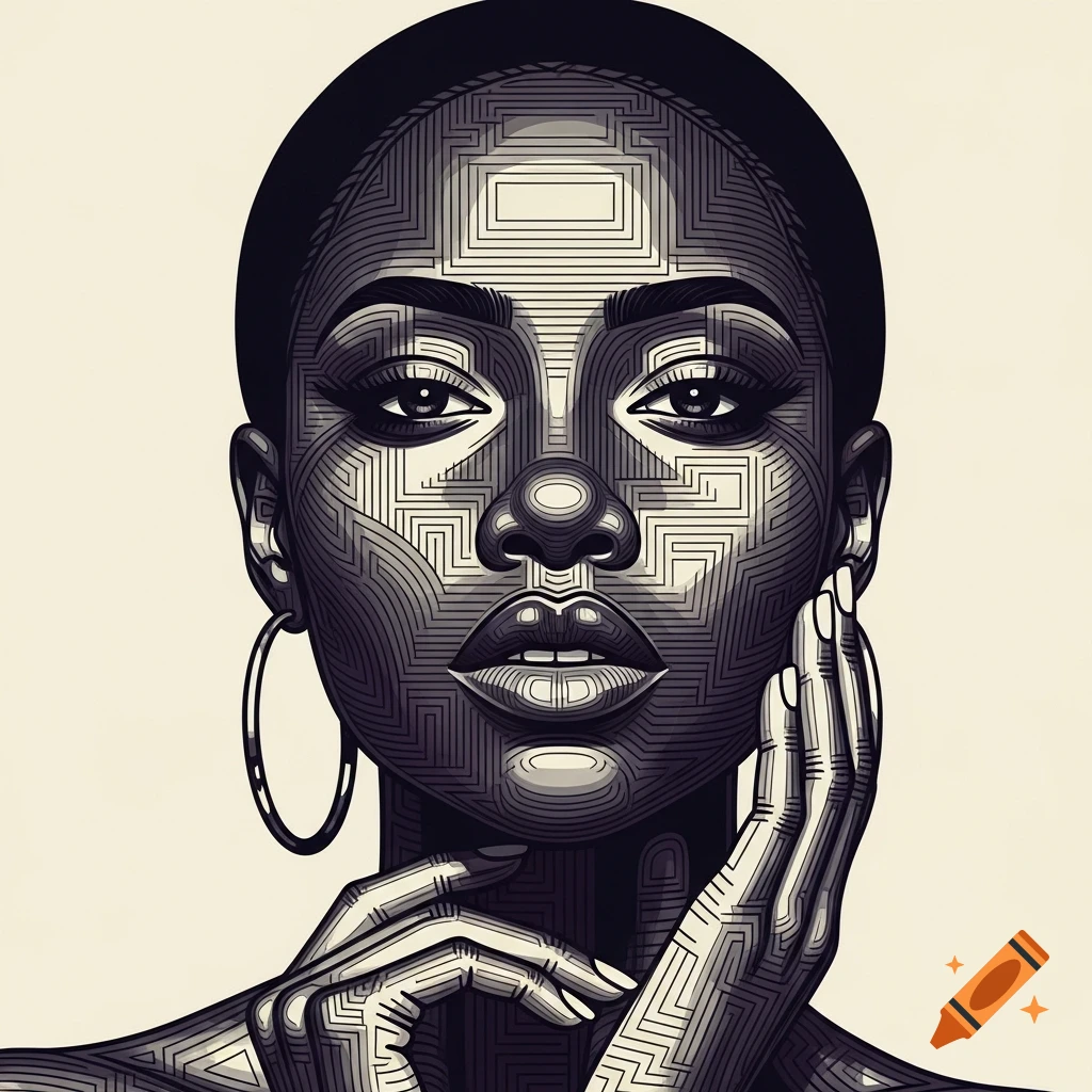 Stylized geometric line art portrait of a black woman with hoop earrings, resting a hand on her cheek.