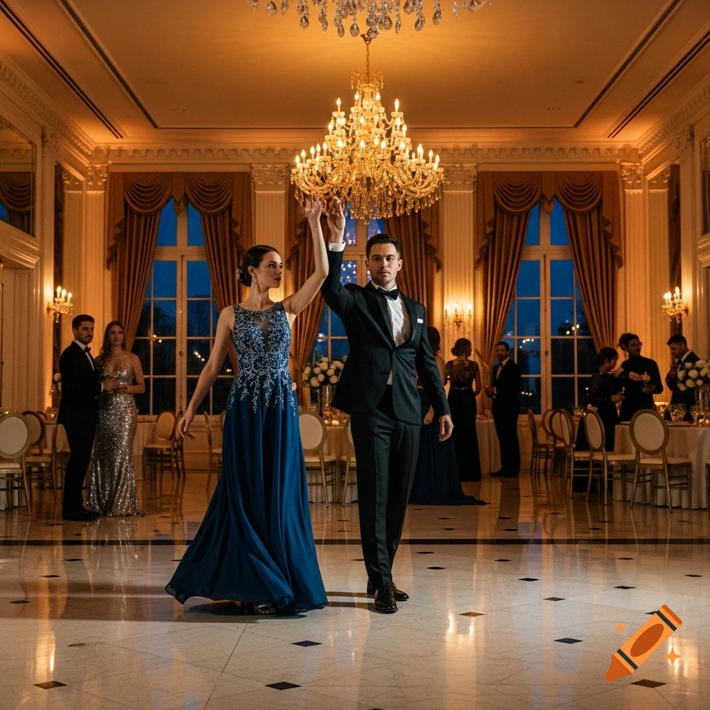 A man in a tuxedo and a woman in a blue gown dancing in an opulent ballroom with large chandeliers.