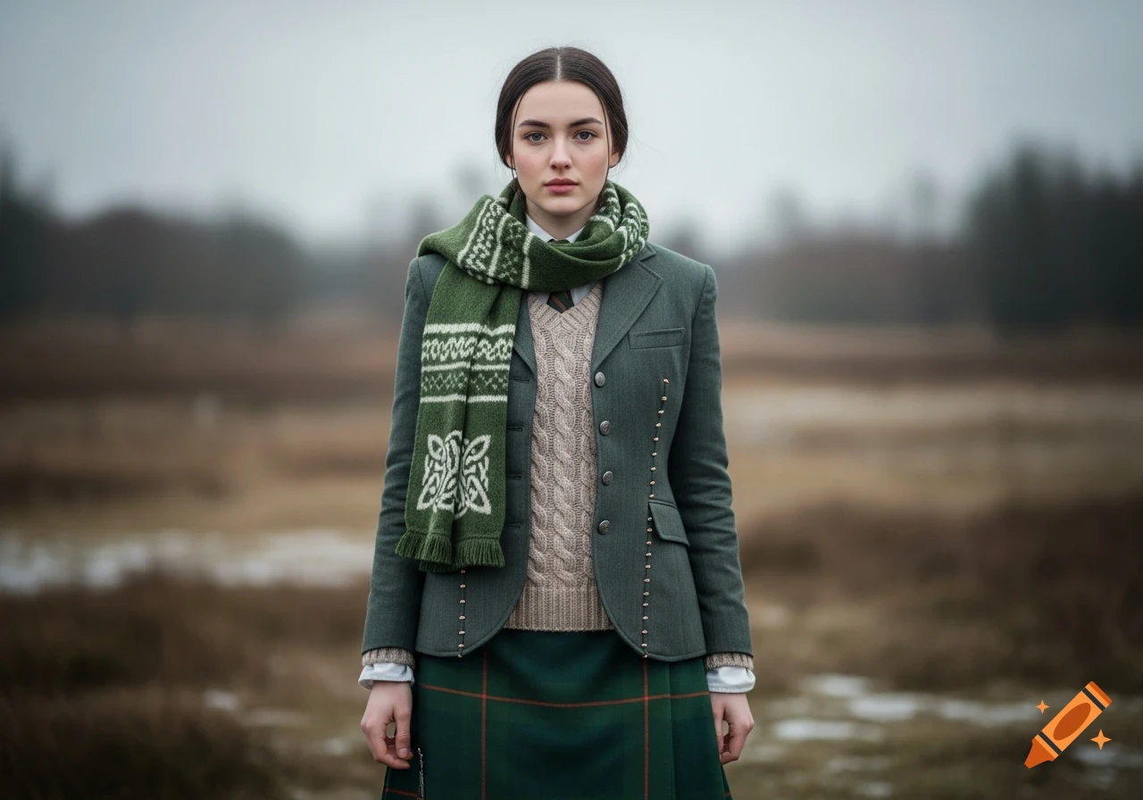 A young woman wearing a green Celtic patterned scarf, a green blazer, and a green plaid skirt stands in a muted outdoor setting.