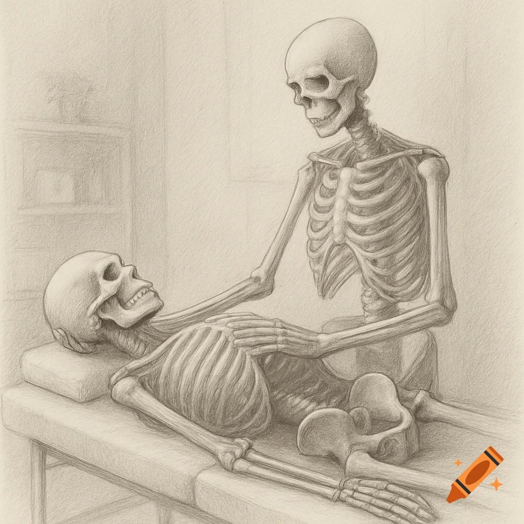 Pencil drawing of two skeletons, one lying on a treatment table while the other examines its chest.