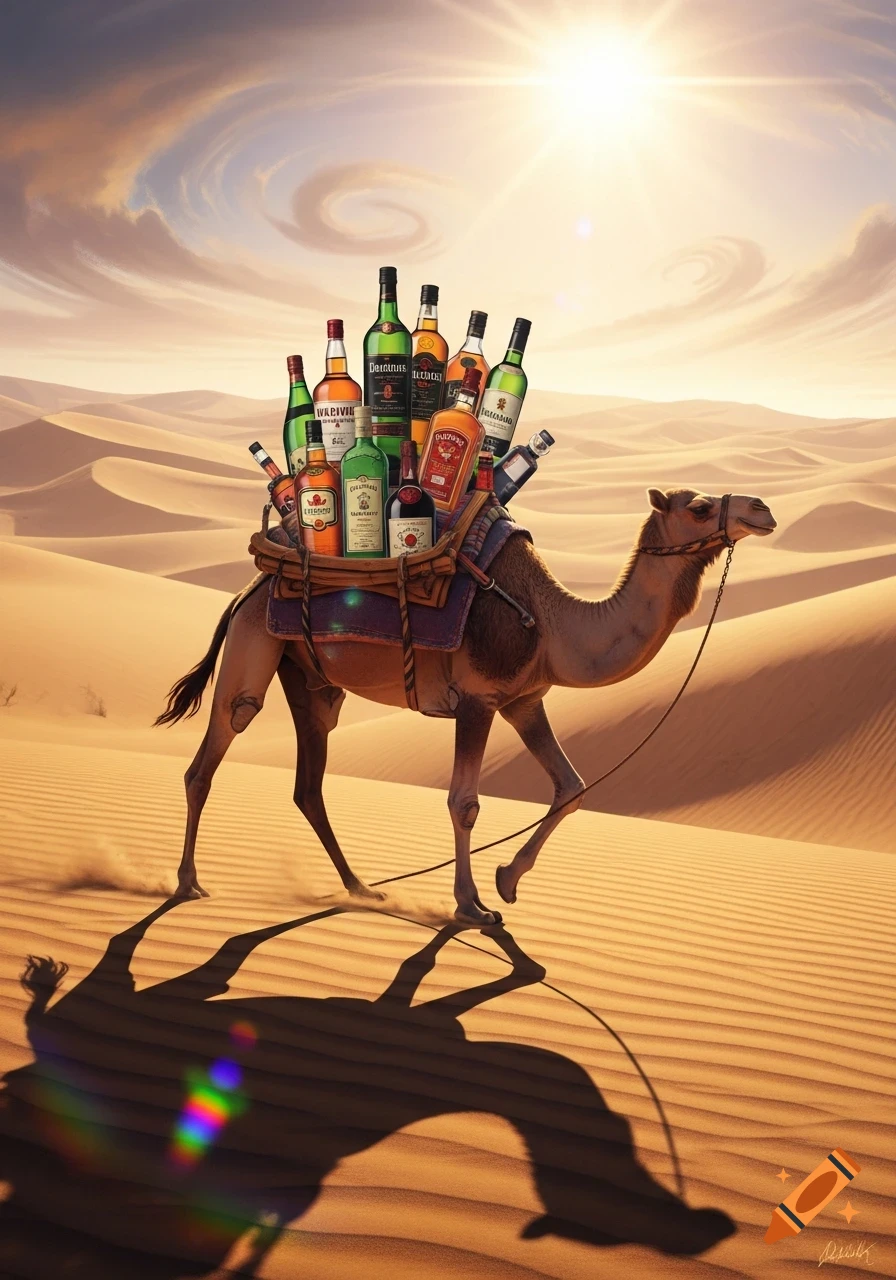 A photorealistic image of a camel in a sunny desert carrying a saddlebag full of various bottles of alcohol and spirits.