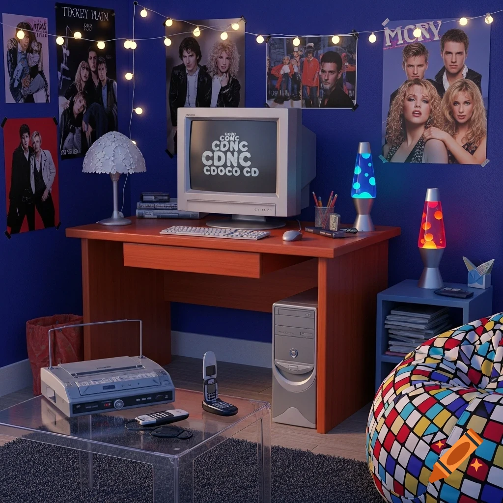 A nostalgic 2000s room with an old computer, fax machine, two lava lamps, band posters, and a colorful beanbag chair.