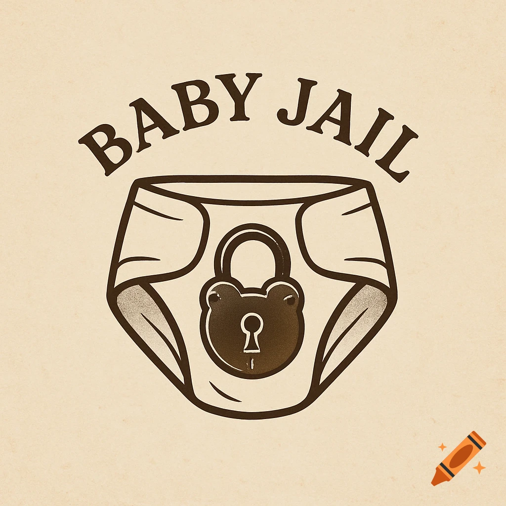 A vintage-style logo for 'Baby Jail' featuring a brown diaper with a padlock in the center, on a parchment background.