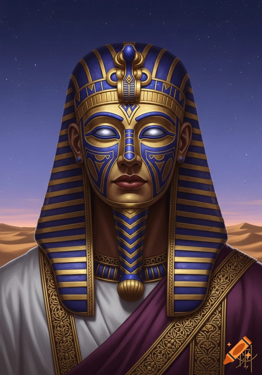 Digital painting of a figure wearing an ornate blue and gold pharaoh-like mask with glowing white eyes, against a starry desert night.