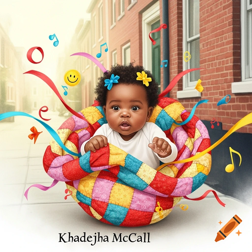 Cute baby in a colorful quilted seat with ribbons and musical notes floating around, on a warmly lit urban street, illustration.